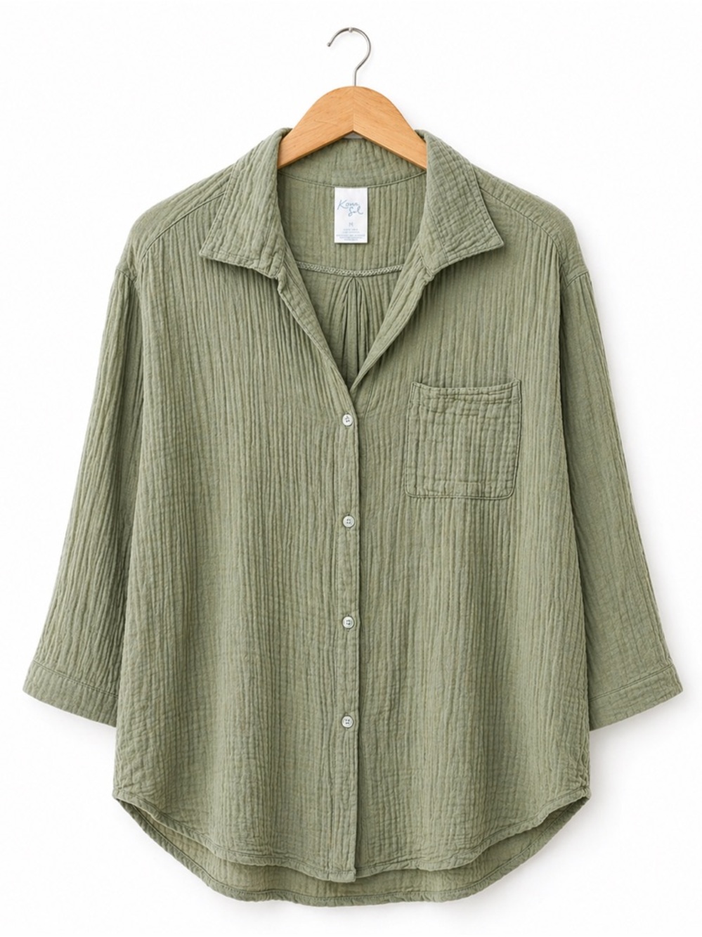 Kona Sol Olive Green Textured Button Down Cover Up Shirt Medium Lightweight